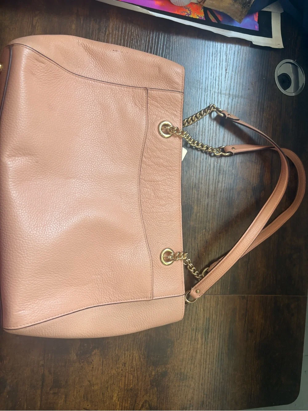 Coach Pebbled Leather Tote in peach pink with Gold Chain Handles